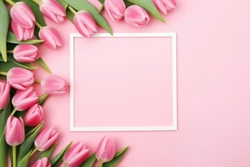 Blank white frame surrounded by a border of elegant pink tulips. Elegant Tulips Bordering Blank Frame on Pink