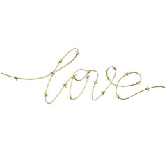 The word "love" written with golden barbed wire isolated on a transparent background.
