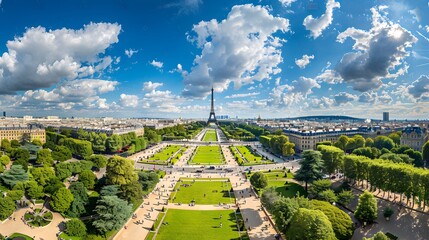 very wide angle panoramic aerial view of the famous Jardin des Tuileries park of Paris near the Louvre showing in the far horizon the tower of Eiffel