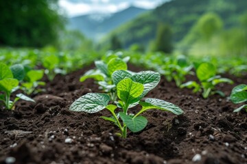 Vibrant green leaves of a potato plant sprouting from rich soil with mountains backdrop, representing healthy growth