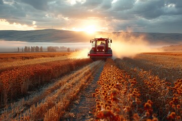 Obraz premium A harvester kicks up dust as it reaps ripe wheat at sunset, highlighting modern agricultural practices