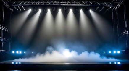 Stage lights beam down through smoke on an empty concert stage, ready for a performance. - obrazy, fototapety, plakaty