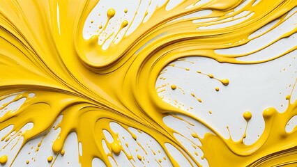 Vivid yellow paint dynamically swirling with splashes and drops, creating an energetic abstract pattern. - obrazy, fototapety, plakaty