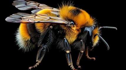 bee with black background, close up of a bee - obrazy, fototapety, plakaty