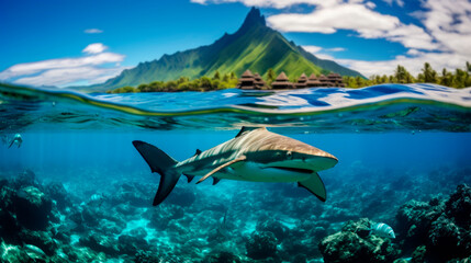 Encounters in Paradise: Diving into Bora Bora's Turquoise Waters with Sharks. - obrazy, fototapety, plakaty
