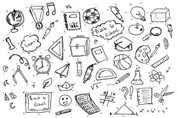Doodle Back to school, Hand drawn set of cute doodles for decoration on white background.