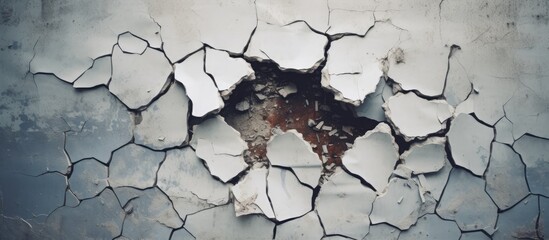 A cracked wall displaying a significant structural problem with a gaping hole in the center, showcasing issues in its construction. The damage is evident, raising concerns for safety and maintenance. - obrazy, fototapety, plakaty