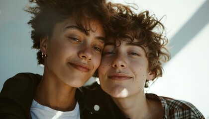 Portrait of a non-binary couple, happy, portrait of a smiling young non binary person, two friends, non binary friends