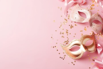 Festive Carnival Atmosphere with Golden Masks and Confetti. A pair of golden carnival masks lies amidst a shower of confetti and pink ribbons, evoking a celebratory and luxurious mood