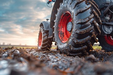 This detailed shot showcases the texture and strength of a tractor's tire grip as it navigates...