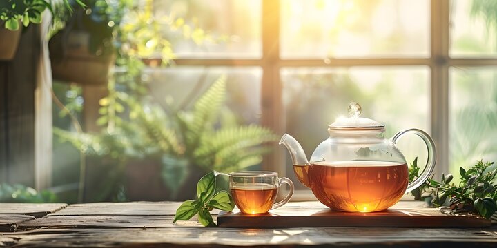 set of tea pot with glass on the tabletop with morning background, background with empty space