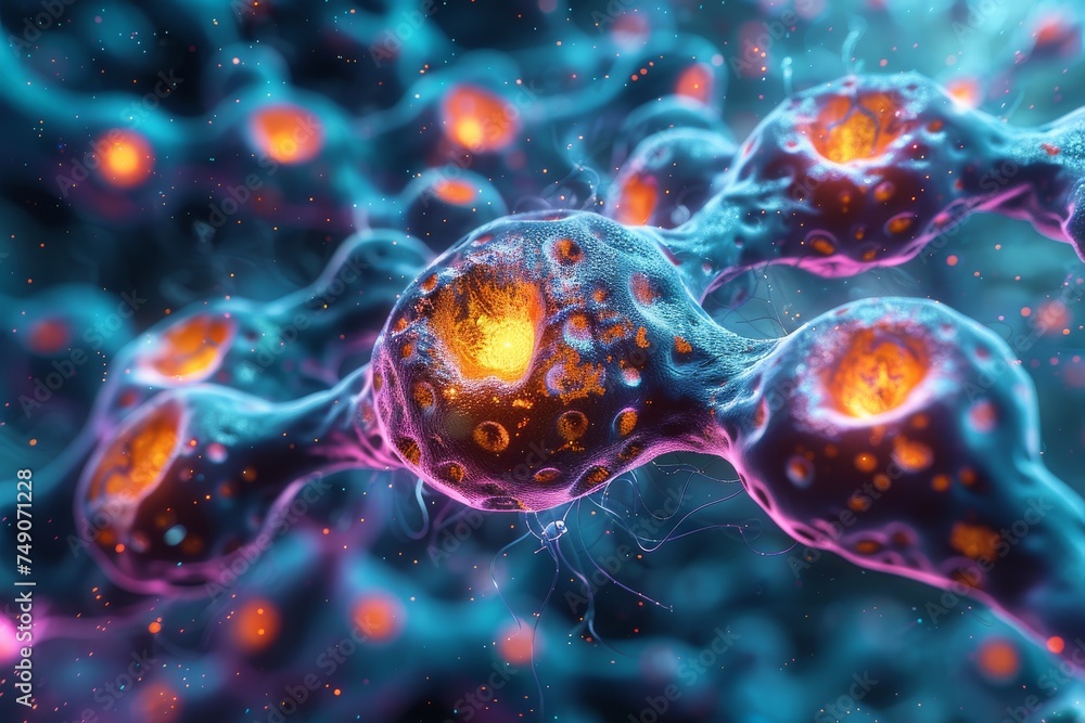 Poster close-up view of interconnected neuron cells with glowing cores, illustrating brain activity or scie
