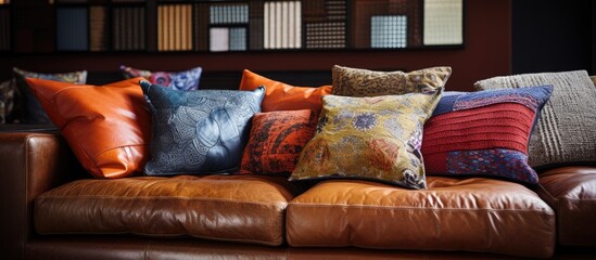 A leather couch is covered in a variety of fabric pillows, adding comfort and style to the living space. The pillows create a cozy and inviting atmosphere for relaxation and lounging.
