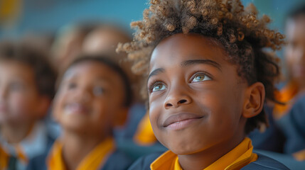 A diverse group of school kids, dressed uniformly, actively participates in classroom discussion