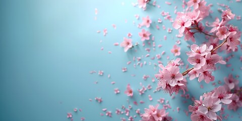 sakura flowers on pale tosca background, minimalist concept, background with empty space for text placemen