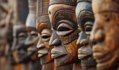 Traditional African Wooden Masks Displayed in a Row - obrazy, fototapety, plakaty