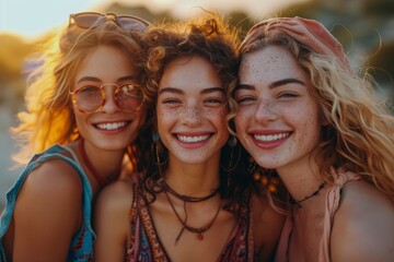 Fototapeta premium Vibrant group portrait of three smiling young women enjoying a sunset gathering, reflecting joy, friendship, and the exuberance of youth in a carefree moment