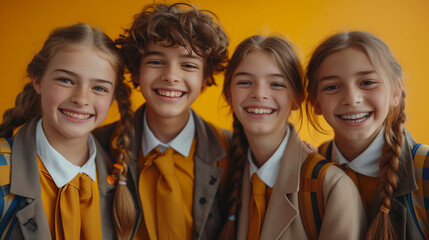 Smiling faces of children in school uniforms radiate happiness, symbolizing friendship