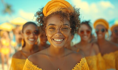 A warm and joyous group of women in yellow summer attire on a beach, radiating happiness, perfect for depicting summer events or celebrations. - obrazy, fototapety, plakaty