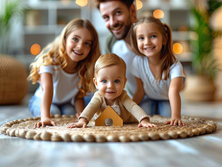 Family with children smiling and watching a baby crawl on a woven mat