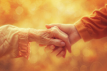 A heartwarming picture of a younger person's hand clasping an older person's hand against a warm, bokeh background