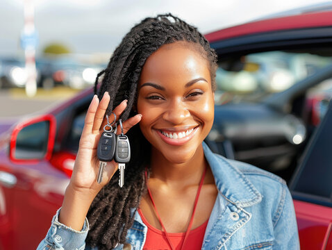 Joyful African American woman posing with car keys and smiling near a red car