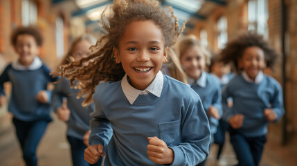 Multicultural students in uniform rush through busy school hallways, laughing together