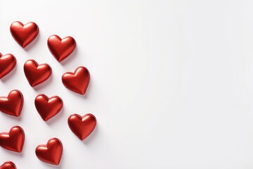 A spread of glossy red hearts arranged on a pristine white background, symbolizing love and romance. Glossy Red Hearts on White Valentine's Day Background