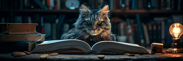 magic book and candle, animal, cat, cute - obrazy, fototapety, plakaty