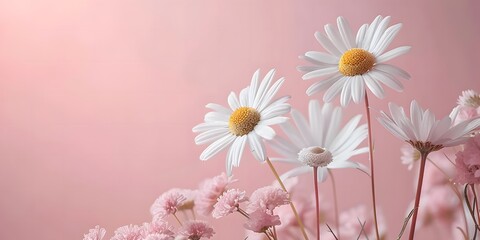 White daisy chamomile flowers on pale pink background, minimalist concept