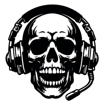 Skull in headphones, black silhouette of a skull skeleton with a microphone, vector drawing on a transparent background for stencil, print, engraving..