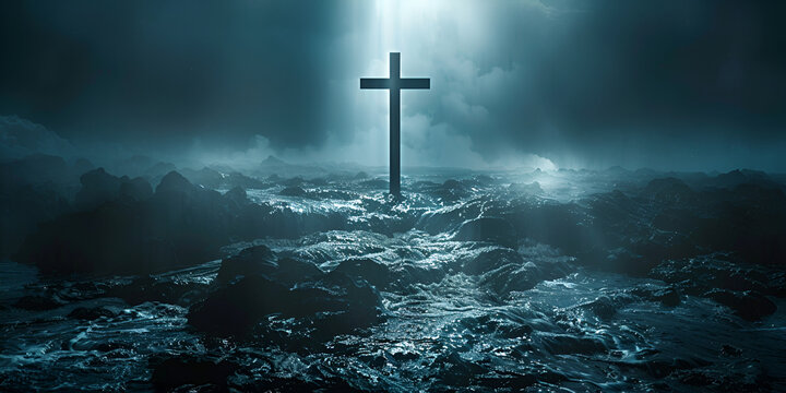 Wooden cross stands surrounded by water , 