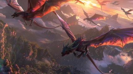 Fotobehang In the background a group of virtual dragons soar through a mystical landscape their scales shining in iridescent hues. © Justlight