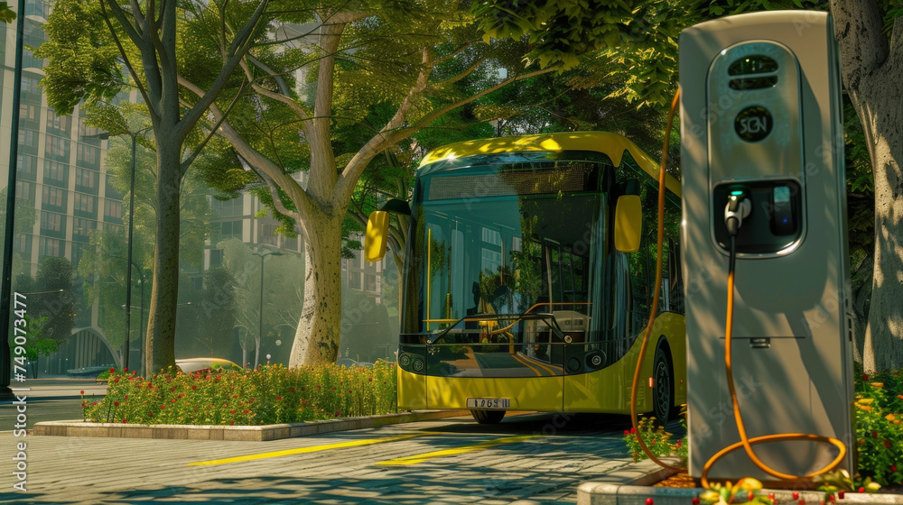 Poster an electric bus charging station part of a sustainable and ecofriendly transportation network using 