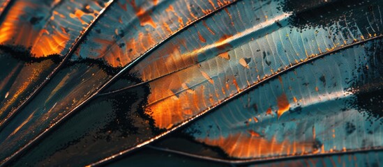The detailed close-up shows the intricate patterns and vibrant colors of a blue and orange birds wing. The textures resemble those of a butterfly wing, captured in remarkable detail through the lens.