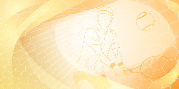 Tennis themed background in yellow tones with abstract meshes, curves and lines, with a male tennis player in action, holding a racket to hit the ball away