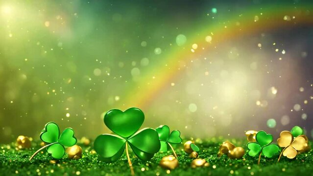 4K St Patrick's Day Background with rainbow and shamrocks Video, Bokeh background, Rainbow and shamrocks, Room for copy space
