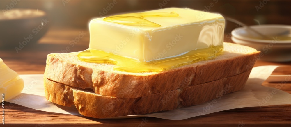 Poster a piece of bread with a generous slab of butter being spread across its surface. the butter is melti