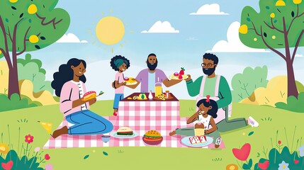 Obraz na płótnie Canvas Multicultural Picnic Joy, Family and Cultural Foods in Park