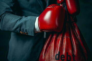 Close-Up of Businessman's Fist in Red Boxing Glove Striking a 'Debt' Punching Bag - Financial Fight Concept - obrazy, fototapety, plakaty
