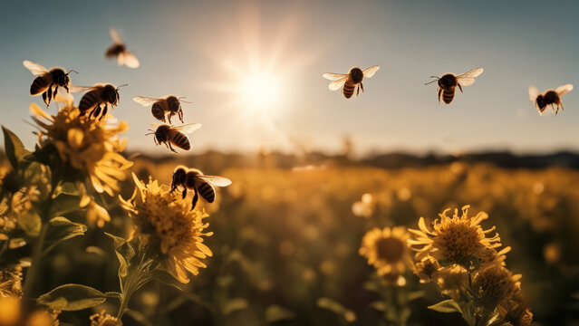 Bee Swarm Buzzing Over Flowers, created with Generative AI technology