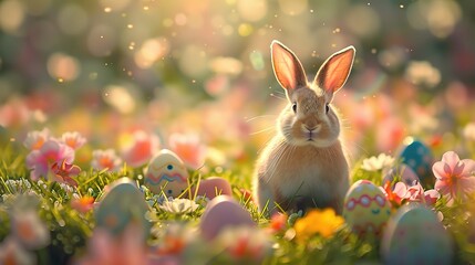 Fototapeta na wymiar Abstract Defocused Easter Scene - Ears Bunny Behind Grass And Decorated Eggs In Flowery Field