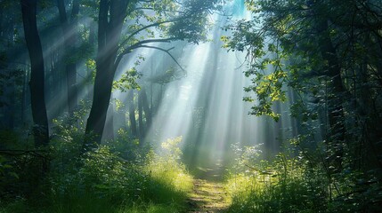 Forest scene with sunlight rays, path of faith and tranquility highlighted - obrazy, fototapety, plakaty
