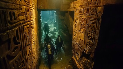 In the dimly lit passageways of an underwater cave a team of explorers carefully maneuver equipment through narrow crevices. The cave walls are adorned with symbols - obrazy, fototapety, plakaty