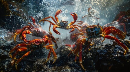 In a hot and hostile underwater environment brightly colored crabs stle around a hydrothermal vent thriving on the minerals that pour from its vents. The shimmering water - obrazy, fototapety, plakaty