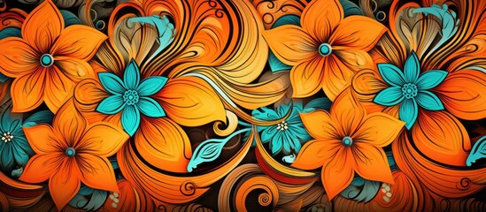 This painting features a striking combination of orange and blue flowers set against a rich brown...