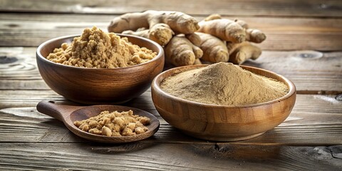 Bowls with Ground Ginger and Roots on Colorful Wooden Background: Ideal for Cooking, Spices, and Healthy Eating Concepts.