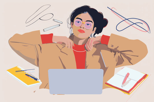 Abstract vector illustration of a young woman working on a laptop