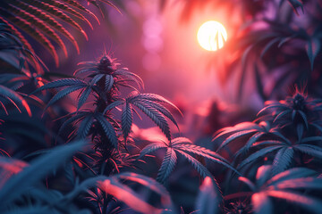 Cannabis plant close up of Marijuana Leaf under neon light - obrazy, fototapety, plakaty