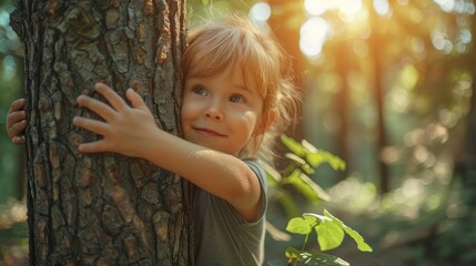 Net zero and carbon neutral concept. Child hugging a tree in the outdoor forest. global problem of carbon dioxide and global warming. Love of nature. - obrazy, fototapety, plakaty